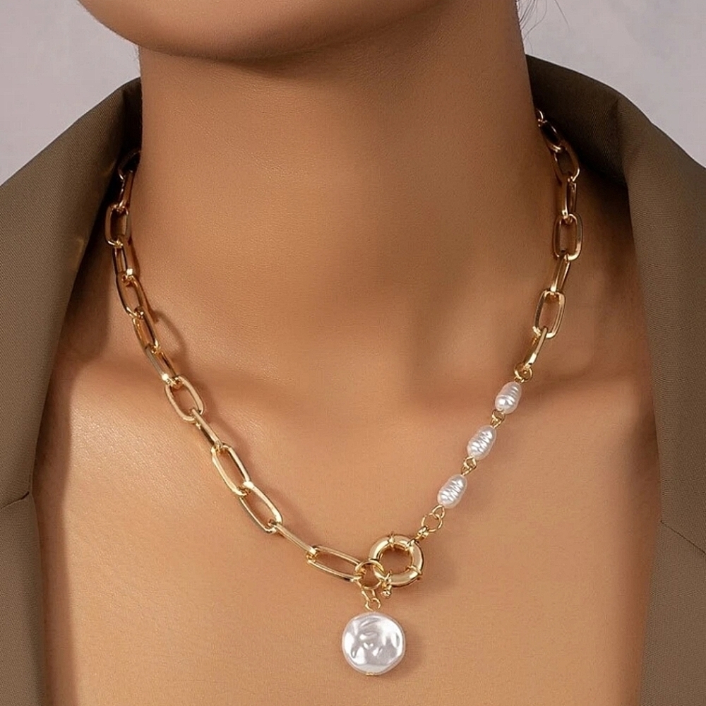 Gold chain link pearl mix necklace Chunky Coquette feminine Jewelry 💖2/$30